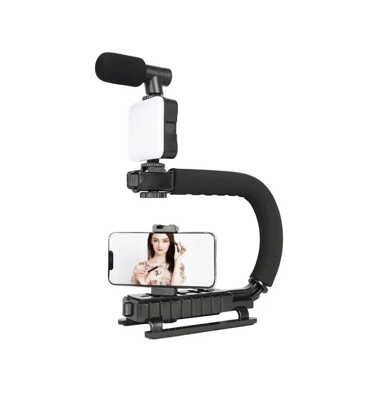 Photography arm equipped with a microphone and lighting for mobile and camera